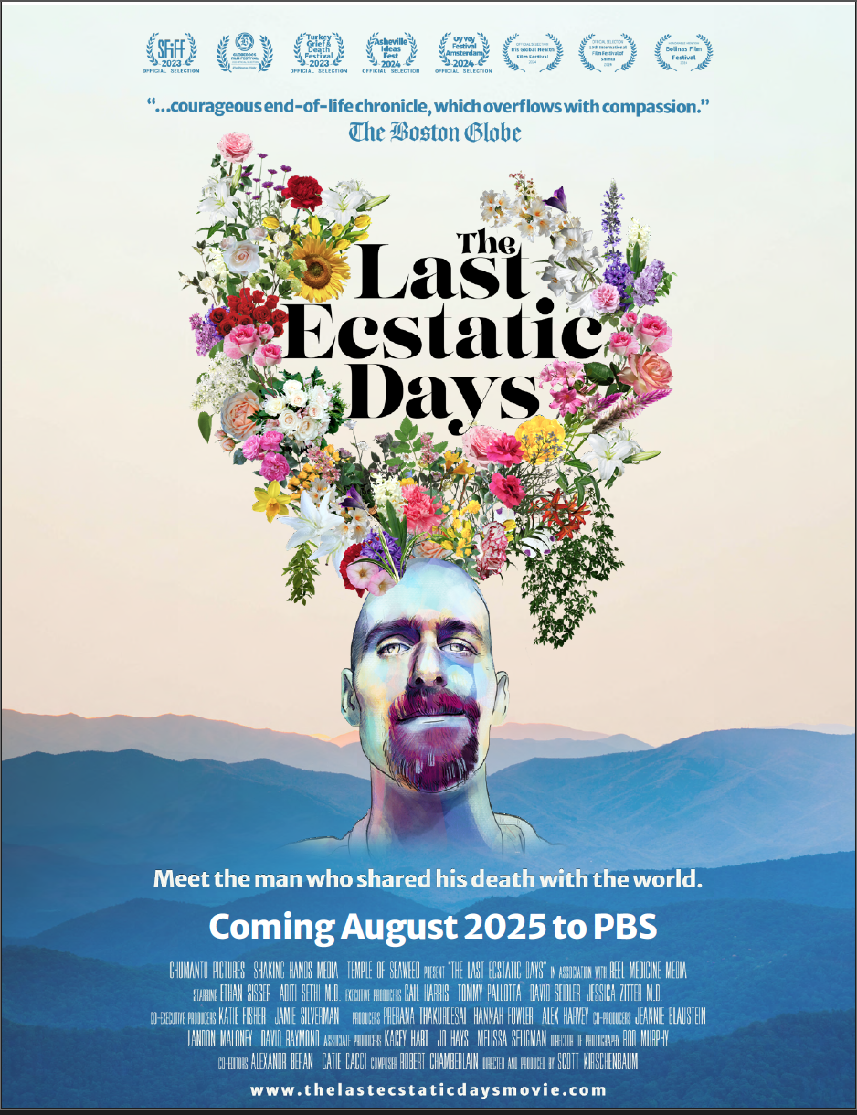 Poster for The Last Ecstatic Days, featuring a man’s face blending into colorful flowers, with PBS release date August 2025.